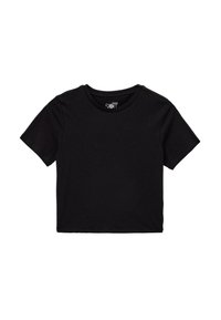 Zwarte kortgebloemde t-shirt gemaakt van zachte katoenstof. Heeft een ronde hals en een eenvoudige, klassieke snit zonder extra patronen of accenten.