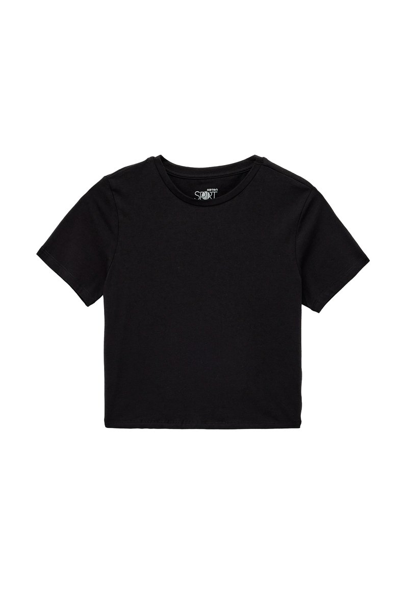 Zwarte kortgebloemde t-shirt gemaakt van zachte katoenstof. Heeft een ronde hals en een eenvoudige, klassieke snit zonder extra patronen of accenten.