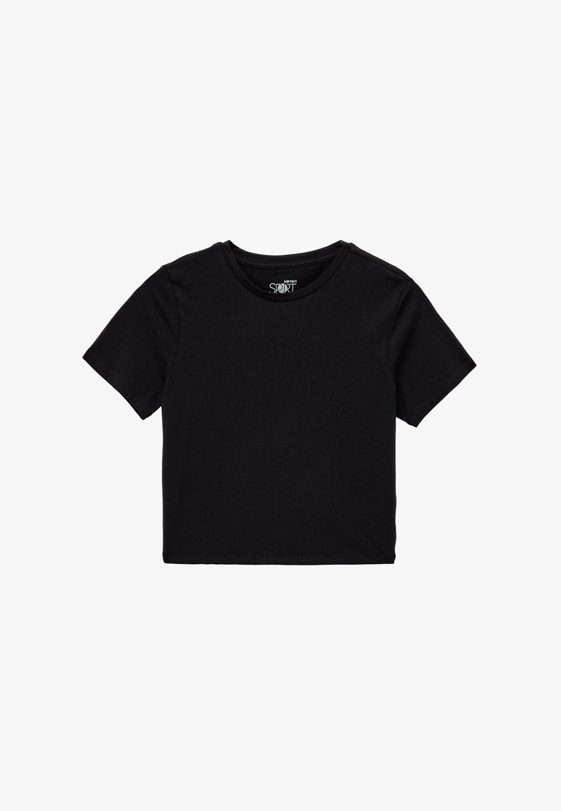 Camiseta negra de manga corta hecha de suave algodón. Presenta un cuello redondo y un corte simple y clásico sin patrones ni acentos adicionales.