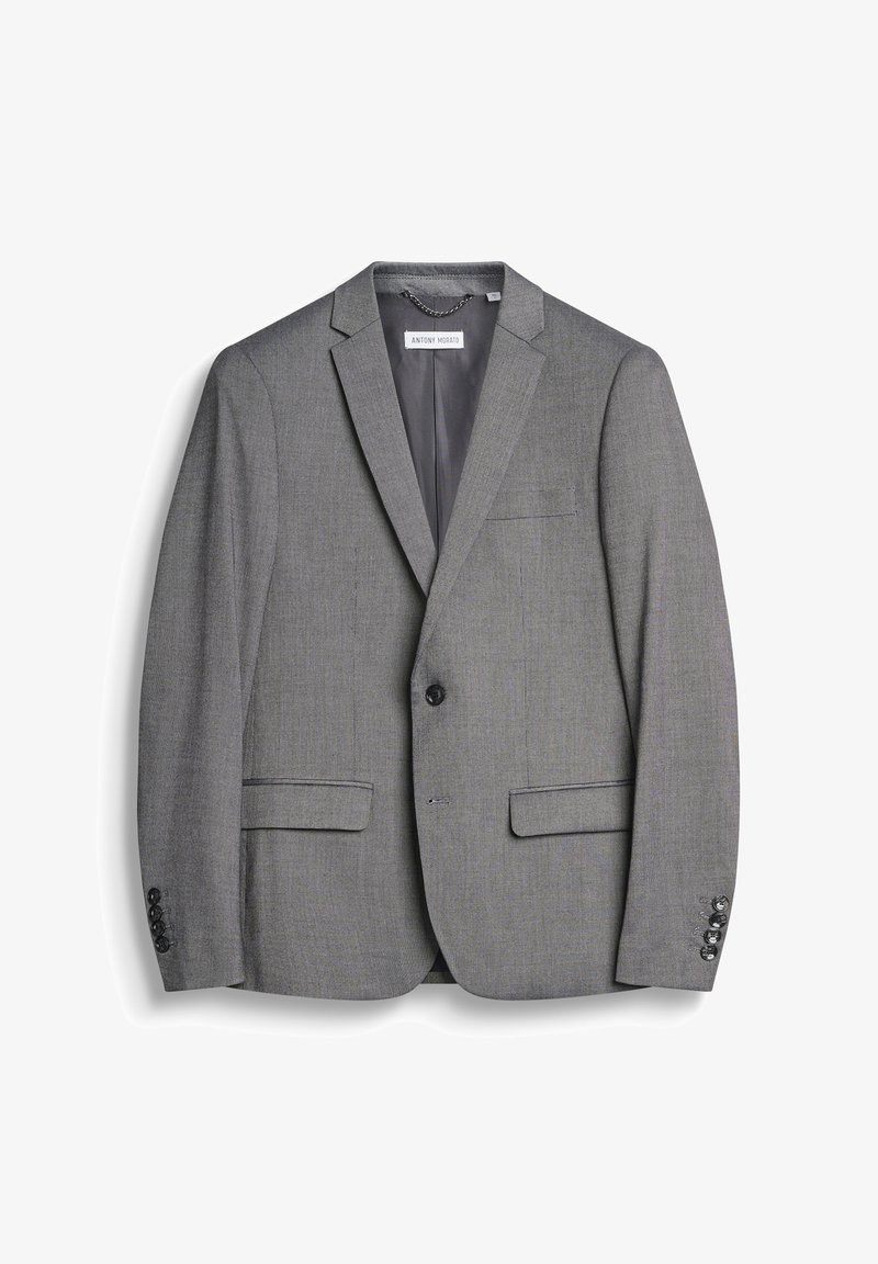 Blazer grigio realizzato in tessuto testurizzato, caratterizzato da un'apertura con un solo bottone, due tasche frontali e bottoni decorativi sulle maniche.