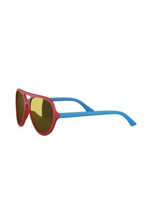 Red-framed sunglasses with yellow lenses and blue temples, shown at a side angle on a white background.