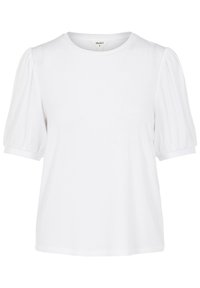 Haut blanc à manches courtes avec un col rond, présentant un tissu à côtes texturé et des manches bouffantes. Design simple et uni sans motifs.