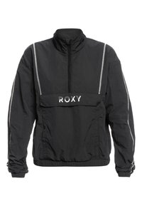 Sort zip-jakke med høj krave og Roxy-logo. Har lysegrå striber langs skuldrene og elastiske manchetter. Fremstillet af letvægtsmateriale.