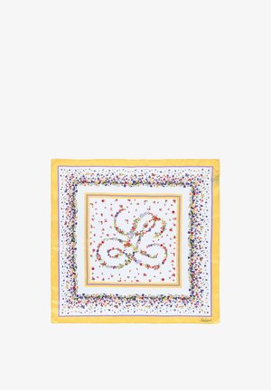 Hodvábna šatka so stredom v bielej farbe s kvetinovým vzorom, orámovaná žltými a kvetinovými motívmi, s dekoratívnym monogramom v strede.