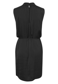 Svart ärmlös klänning med hög krage, dragkedja bak och dragsko i midjan. Slät textur med en enkel, flödande design.