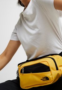 Žlutá a černá ledvinka s několika zipovými přihrádky a logem. Vyrobena z odolné textilie. Nosená přes pas, v kombinaci s bílou košilí.