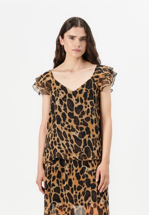 Brown patterned top with a V-neck, featuring black leopard spots and sheer ruffled sleeves. Lightweight fabric with a flowy design.