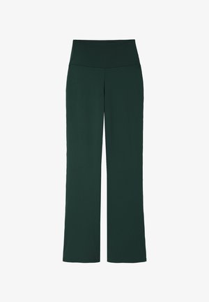 Pantalones de pierna ancha en verde oscuro, hechos de un material suave y elástico. Presentan una pretina alta con una textura lisa y sin cierres visibles.
