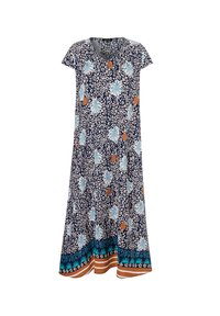 Dunkelblaues Kleid mit floralem Muster in Hellblau und Orange. Cap-Ärmel, V-Ausschnitt, fließendes Design, kontrastierender Saum mit türkisfarbenen und braunen Akzenten.