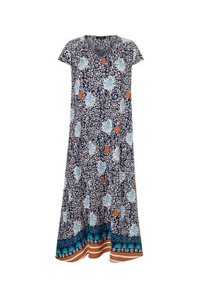 Dunkelblaues Kleid mit floralem Muster in Hellblau und Orange. Cap-Ärmel, V-Ausschnitt, fließendes Design, kontrastierender Saum mit türkisfarbenen und braunen Akzenten.