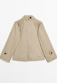 Veste en coton beige avec un col, des manches longues et des poignets à boutons. Présente une fente au dos et une texture lisse et soyeuse.