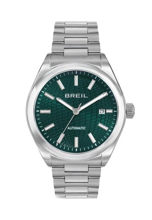 Montre en acier inoxydable avec un cadran en nid d'abeille texturé de couleur vert foncé, des index horaires en argent et un affichage de date. Dispose d'un bracelet en métal.