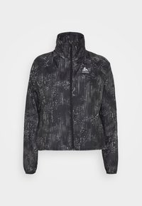 Chaqueta con cremallera de patrones en negro y gris, con cuello alto y puños elásticos, que presenta un logo blanco de la marca Odlo en el pecho.