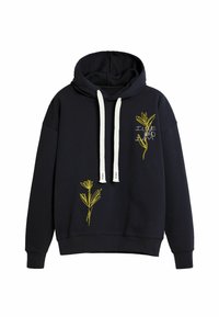 Marineblå hættebluse i blødt stof med gul blomsterbroderi på forsiden og hvide snore. Afslappet pasform og lange ærmer.
