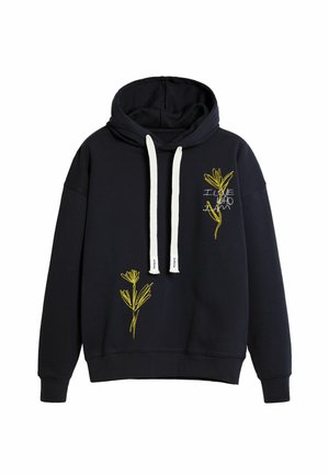 Sudadera con capucha de color azul marino en tejido suave, con bordado floral amarillo en la parte delantera y cordones blancos. Corte relajado y mangas largas.