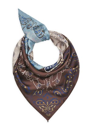 Foulard en soie avec des motifs paisley en marron, bleu, beige et crème, plié en un nœud lâche avec une extrémité pointue.