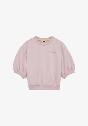 Vaaleanpunainen lyhythihainen pösöhihainen collegepaita, jossa resorit hihansuissa ja helmassa sekä pieni keltainen ja punainen "GOLDEN HOURS" -teksti rinnassa.