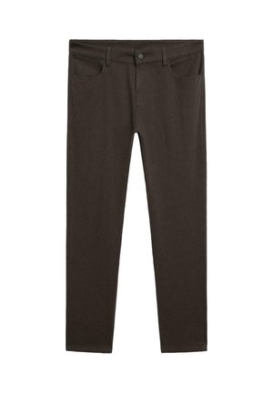 Mörkbruna denimjeans med en klassisk design, som har knappstängning, bältesöggor och femficksstil. Slät struktur, slim fit.