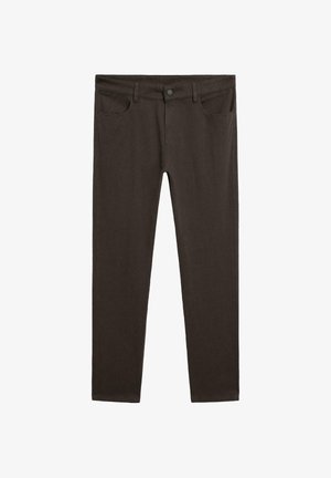 Donkerbruin denim jeans met een klassiek ontwerp, voorzien van een knoopsluiting, riemlussen en een vijf-pocket stijl. Fijne textuur, slim fit.