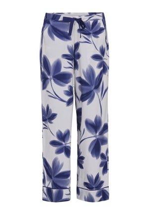 Pantaloni bianchi larghi con stampa floreale grande blu navy e coulisse blu navy in vita.