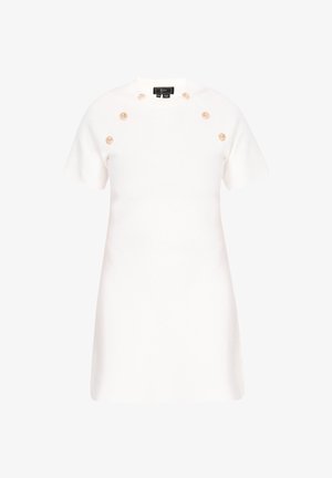 Witte jurk met korte mouwen, gemaakt van zachte stof, met een ronde halslijn en zes gouden knopen aan één kant. Rechte, losse pasvorm.