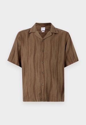 Brown short-sleeve shirt with a subtle striped texture, button front closure, and a classic collar. Lightweight fabric.