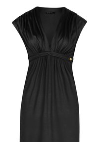 Schwarzes Kleid aus glattem, leichtem Stoff. Es hat einen tiefen V-Ausschnitt, geraffte Kurzärmel und einen geflochtenen Taillengürtel mit einem goldenen Akzent.