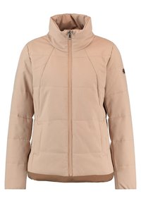 Ljusbeige vadderad jacka med hög krage, hel dragkedja och horisontell sömnad. Brun kant längst ner och logotypdetalj på ärmen.