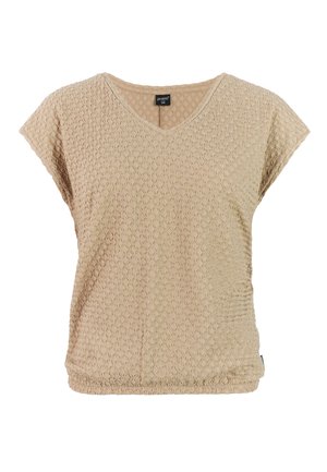 Beige kort mouw textuur gebreide top met V-hals en een klein merkje bij de halslijn, casual stijl.
