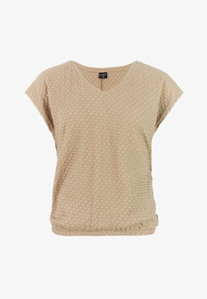Beige kort mouw textuur gebreide top met V-hals en een klein merkje bij de halslijn, casual stijl.