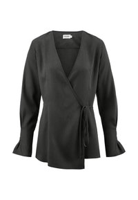 Schwarzes Wickeltop aus glatter Stoffqualität, mit langen Ärmeln und ausgestellten Säumen sowie einem Bindeband in der Taille. Schlichtes, elegantes Design.