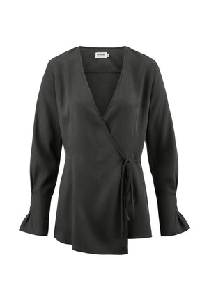 Schwarzes Wickeltop aus glatter Stoffqualität, mit langen Ärmeln und ausgestellten Säumen sowie einem Bindeband in der Taille. Schlichtes, elegantes Design.