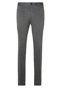 Grå byxor med en slim fit-design, med knappstängning, bälteshällor och slät, texturerad tyg. Inga synliga mönster eller accenter.