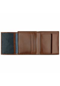 Portefeuille en cuir marron ouvert, présentant un porte-carte à motif bleu sur la gauche, plusieurs emplacements pour cartes et une texture intérieure lisse.