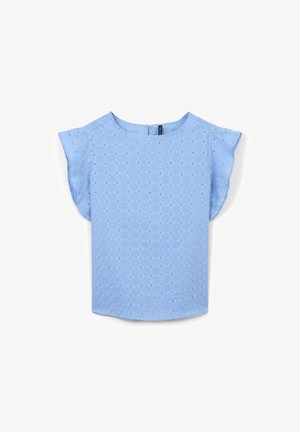 Haut bleu clair avec des manches courtes, présentant un design texturé de formes en diamant tout au long. Encolure ronde et ourlet droit.