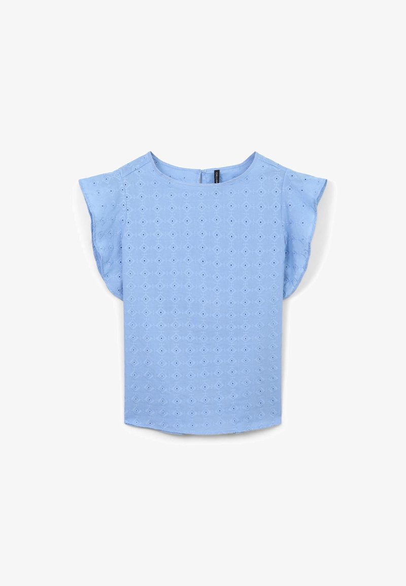 Top azzurro chiaro con maniche a cappuccio, caratterizzato da un design testurizzato a forma di diamante. Collo rotondo e orlo dritto.