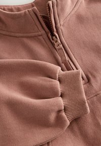 Bluza z zamkiem błyskawicznym w miękkim, przybrudzonym różowym kolorze. Posiada prążkowane mankiety i kołnierz o gładkiej fakturze. Ozdobne szwy i design z półzamkiem.