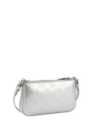 Sølv håndtaske med en blank finish, der har præget blomsterdesign og logo-detaljer. Inkluderer en aftagelig skulderrem og lynlås-lukning.