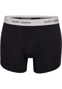 Zwarte boxershorts van zacht materiaal, met een witte elastische tailleband waarop het 'HAPPY SHORTS' logo langs de bovenkant is gestikt.