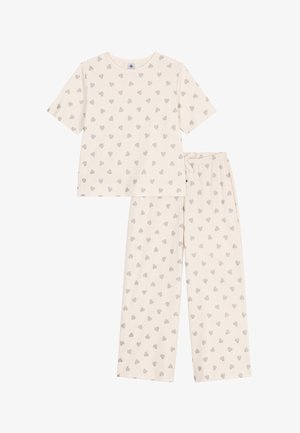 Set di pigiama beige chiaro con top a maniche corte e pantaloni lunghi. Entrambi presentano un motivo di piccoli cuori grigi su un tessuto morbido e liscio.