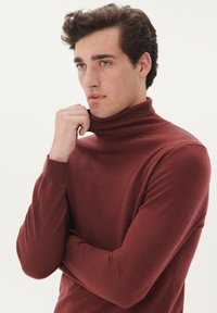 Pulover cu guler înalt de culoare marsala, dintr-un material moale și texturat. Dispune de un guler striat, o croială slim și mâneci lungi. Design simplu, într-o culoare solidă.