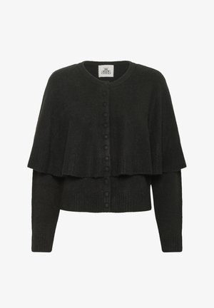 Musta kootud kardigan kihilise disainiga, ümmarguse kaelusena ja nööbilukuga. Omab pikki varrukaid ja tekstureeritud kangast.