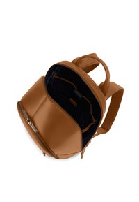 Brown leather backpack with a zip closure, spacious interior, and multiple organizational pockets. Features adjustable fabric straps.