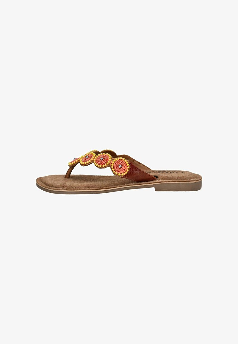 Brown flip-flop sandal with a suede texture, featuring three colorful beaded floral accents in pink and yellow on the strap. Flat sole.