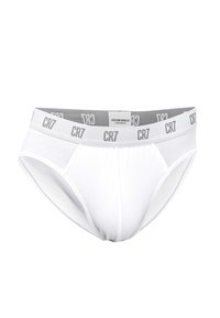 Hvide mænds boxerunderbukser med grå elastik, der har gentagne "CR7" logoer og "Cristiano Ronaldo Underwear" etiket.