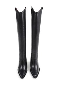 Black leather knee-high boots with pointed toes. Features a sleek, smooth texture and a subtle cutout design at the top. No visible hardware.