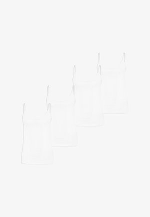 Vier weiße Baumwoll-Tanktops mit schmalen Trägern und einem runden Ausschnitt, die eine glatte Textur und ein einfaches Design aufweisen.