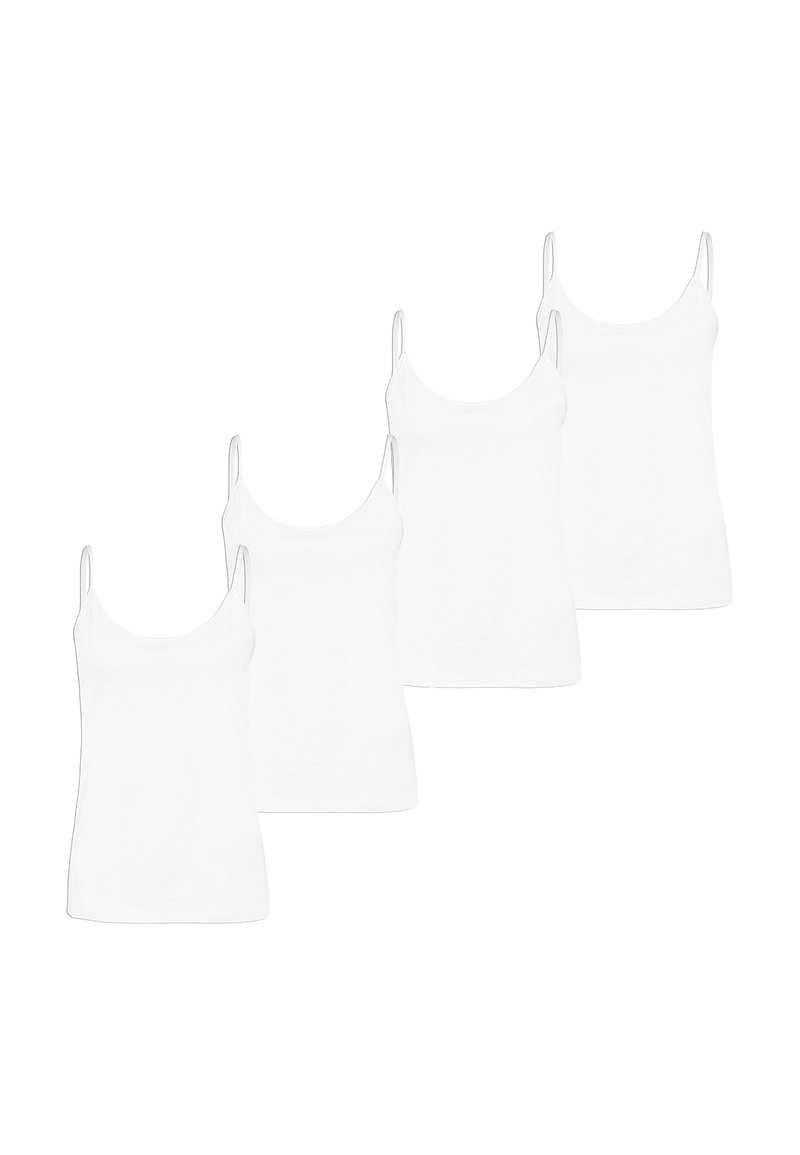 Four white cotton tank tops with narrow shoulder straps and a rounded neckline, featuring a smooth texture and simple design.