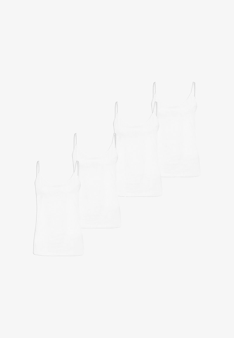 Vier weiße Baumwoll-Tanktops mit schmalen Trägern und einem runden Ausschnitt, die eine glatte Textur und ein einfaches Design aufweisen.