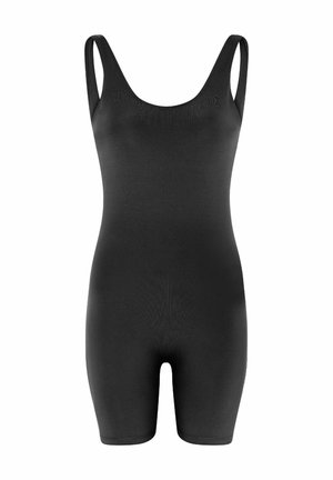 Fekete, ujjatlan, testhez simuló rövidnadrágos overál, kerek nyakkivágással, mid-thigh hosszúságú rövidnadrággal, rugalmas anyagból.